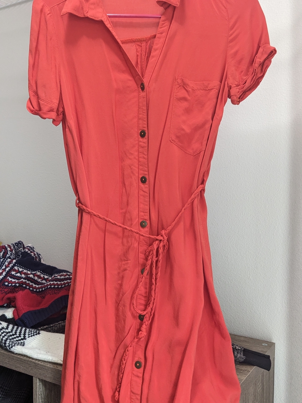 Forever 21 Coral Button-Front Midi Shirt Dress With Braided Belt
